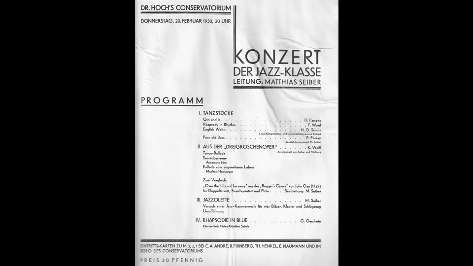 Concert programme for Hoch Conservatoire student jazz ensemble, 20 February 1930, credit—private collection of Julia Seiber-Boyd